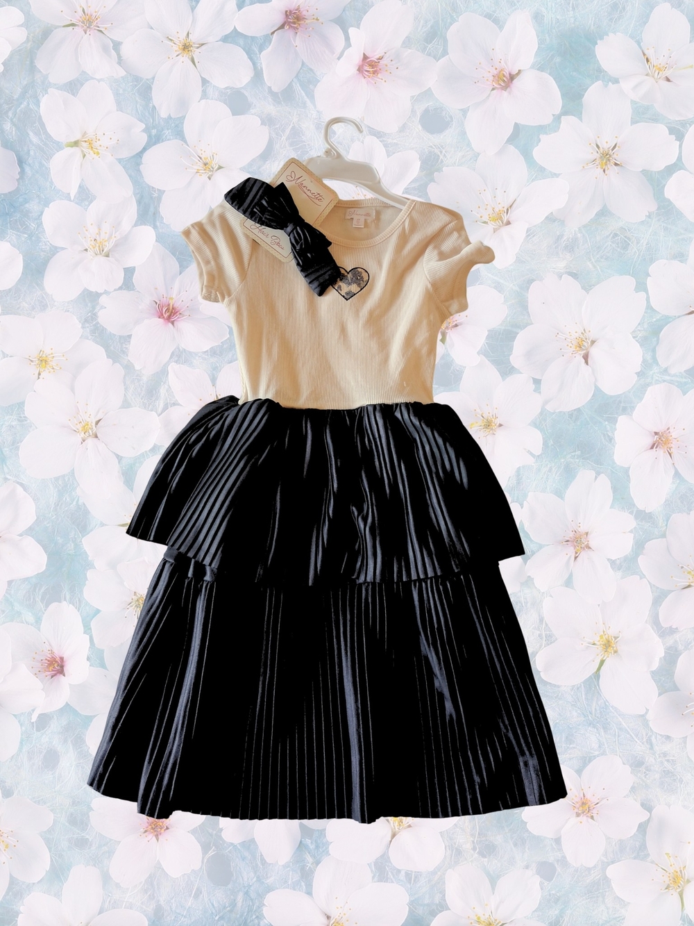Girls Beige Top with Black Tiered Pleated Skirt Dress